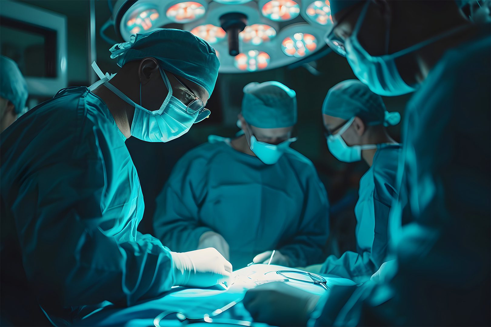 A group of surgeons performing surgery in an operating room.