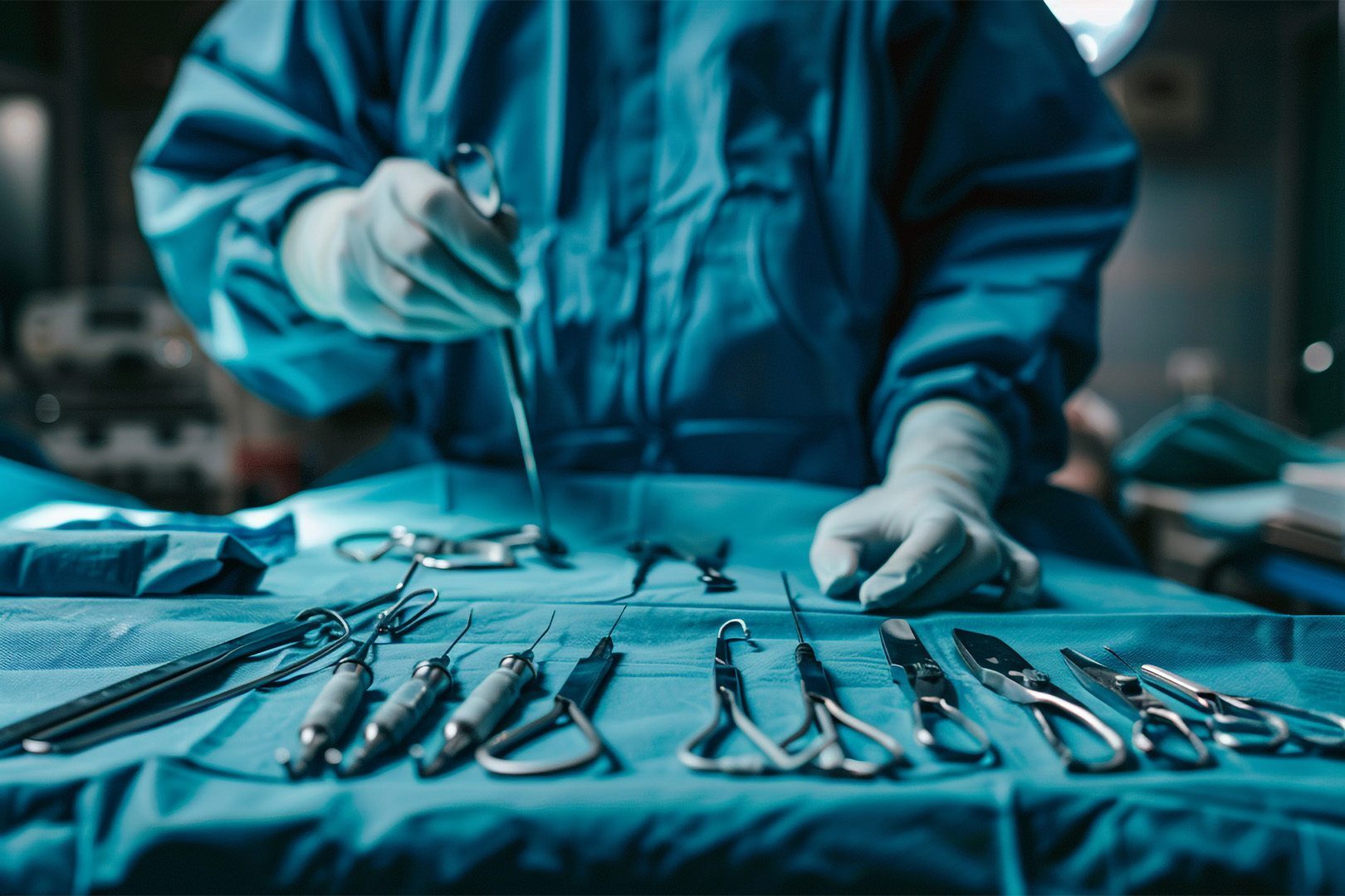 A surgeon is working on surgical instruments in an operating room.